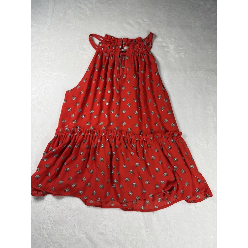 LOFT Petite XS Red Floral Sleeveless Halter Blouse Smocked Neck Flowy Tank Top